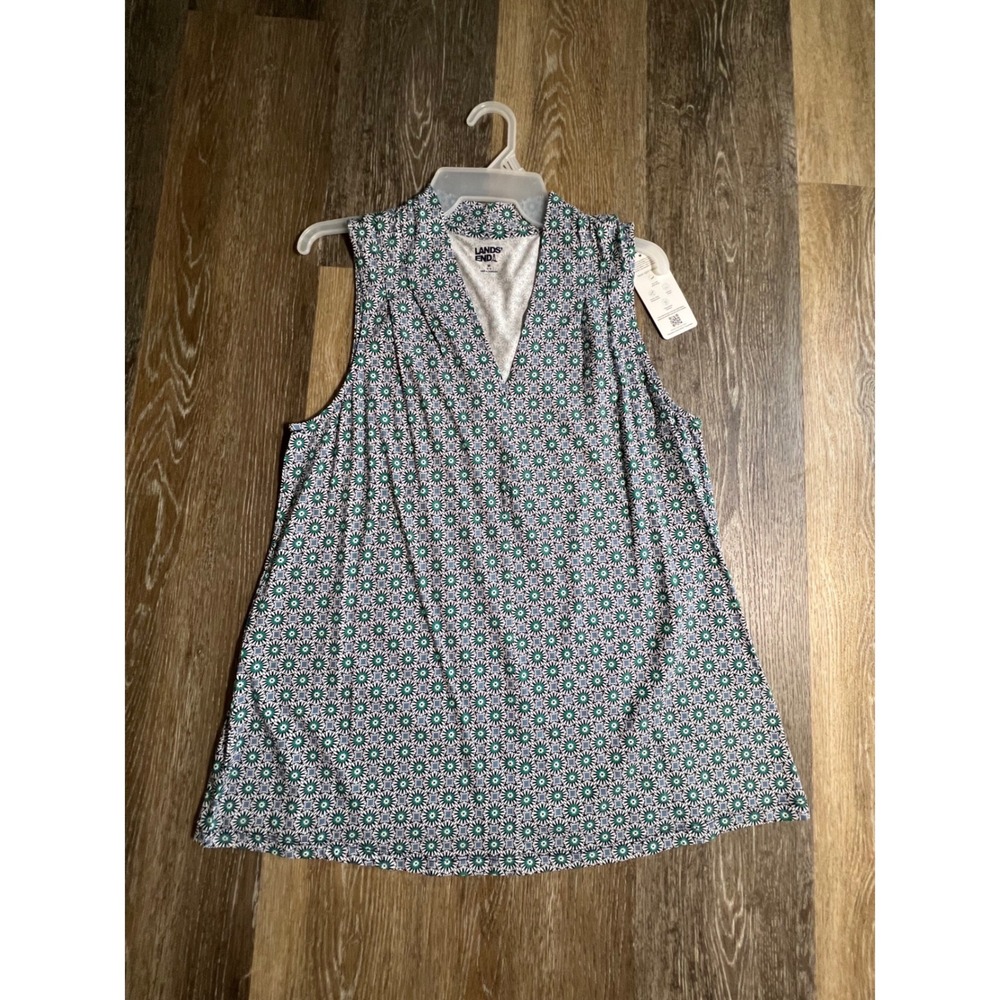 Lands End Sleeveless Top Womens Medium Blue Green Excellent V-Neck Print